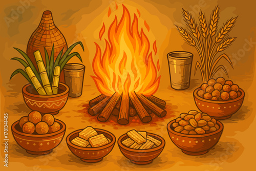 Traditional bonfire surrounded by sugarcane, wheat stalks, and an assortment of sweets in clay bowls, celebrating a cultural festival.