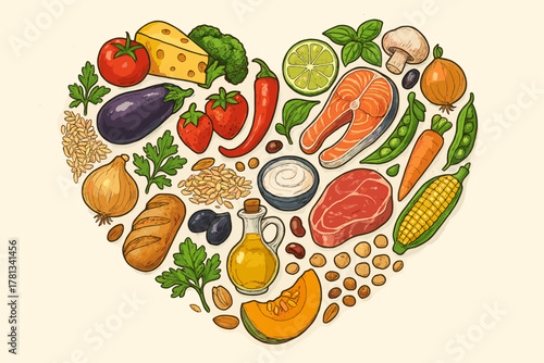 An array of diverse, colorful food items arranged in a heart shape, featuring vegetables, fruits, bread, cheese, and salmon, emphasizing healthy eating.