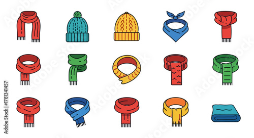 Colorful autumn winter accessories set: scarves and hats in flat design