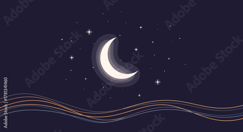 Celestial scene featuring a crescent moon surrounded by twinkling stars against a dark night sky, with stylized wave patterns below.