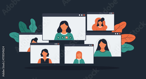 Diverse group in online video conference with abstract leaf background