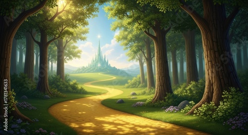 Enchanting path leads to a distant, sparkling emerald castle in a lush forest.