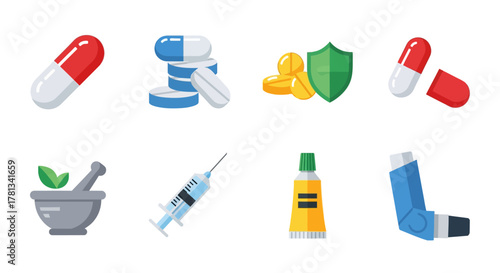 Medical and pharmaceutical objects set with pills, syringe, and inhaler in flat design style