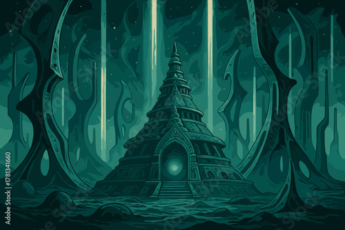 Mysterious ancient temple with intricate carvings surrounded by surreal, otherworldly pillars and beams of light in a mystical landscape.