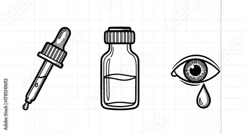 Eye dropper and medicine bottle on grid background with eye tear symbol