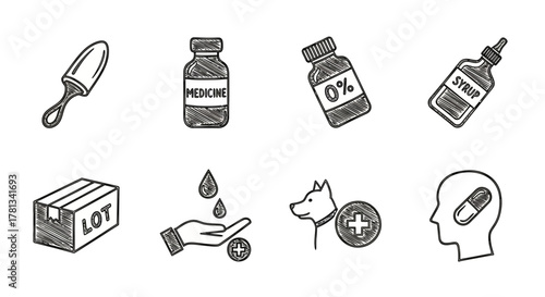 Hand drawn medical icons set: medicine, syrup, dog care, and more
