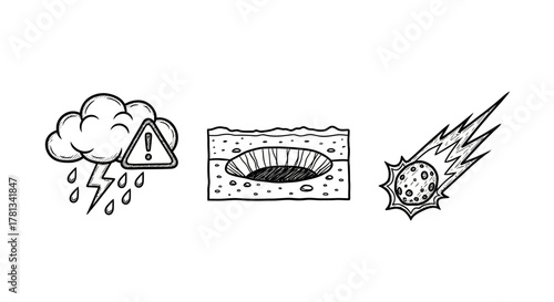 Weather cloud, ground impact, and meteor sketch