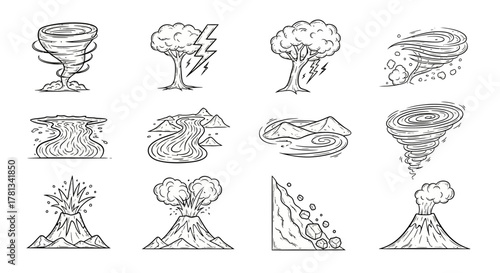 Hand drawn natural disasters: tornadoes, volcanic eruptions, and storms