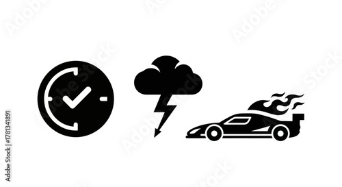 Bold icon set: timer, storm cloud, and racing car silhouettes