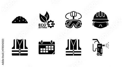 Construction safety and eco settings icon set in silhouette design