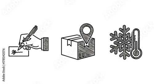 Hand drawn icons of signature, delivery box, and cold temperature with snowflake