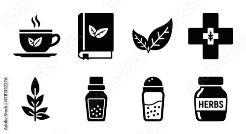 Herbal symbol set: leaf, tea, medicine, and spice icons in solid style