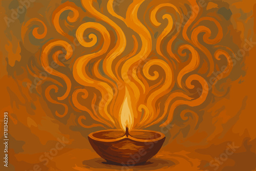 Abstract digital painting of a lit oil lamp with swirling flame patterns, evoking warmth and spiritual ambiance.