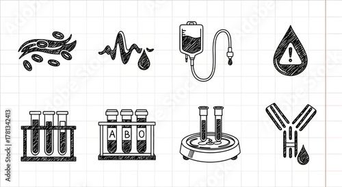 Medical laboratory doodle set: blood cells, test tubes, and safety symbols