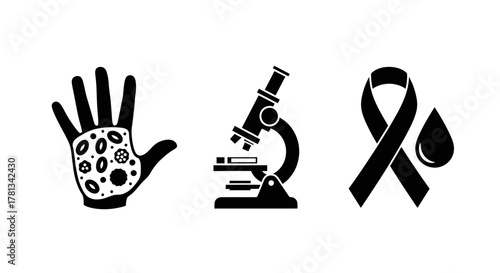 Silhouette icons for disease awareness: microscope, hand, ribbon