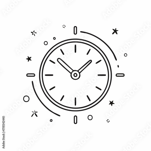 Black and white line drawing of a clock face with hands, surrounded by abstract shapes and stars time