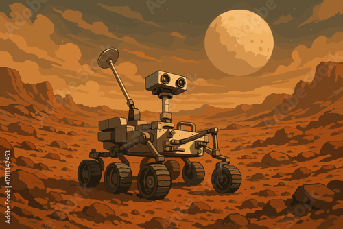 Autonomous space rover with a camera mast exploring a rocky, reddish martian landscape under a large, full moon.