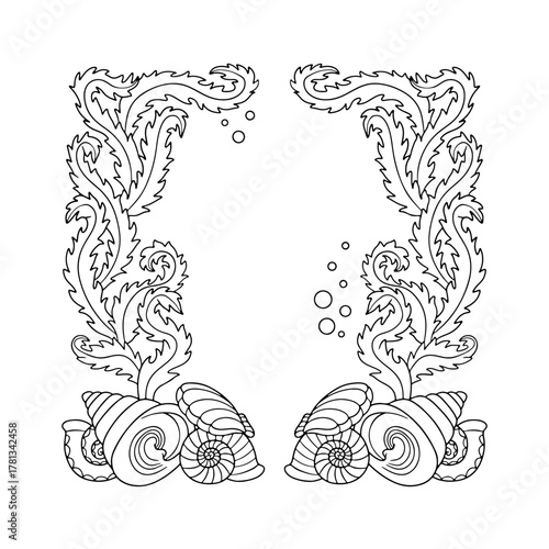 Elegant curvy Art nouveau style seaweed and sea shells frame hand drawn monochrome vector illustration