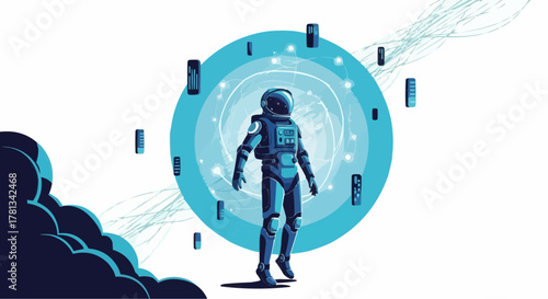 Astronaut floating in a blue circle portal with connected devices and dark cloud on the side