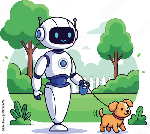 Robot walking a dog in the park with trees and bushes around