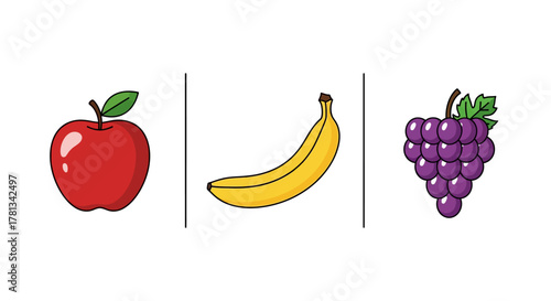 Colorful fruit icons featuring apple, banana, and grapes on white background