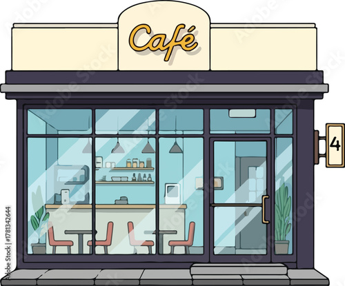 Cafe exterior with global network connectivity concept shown through interior lights and modern design elements.