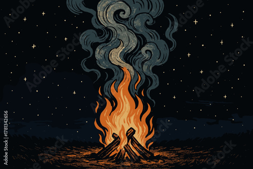 Colorful artistic illustration of a campfire with swirling smoke rising under a starry night sky, creating a cozy outdoor ambiance.