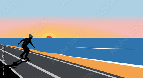 Silhouette of a skateboarder riding along a coastal path at sunset, with a vibrant ocean and sky in the background.