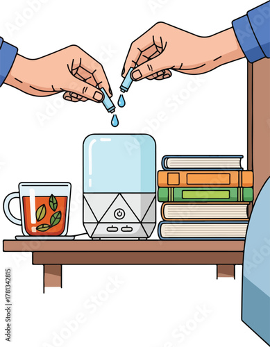 Person adding liquid to a humidifier on a table with books and coffee