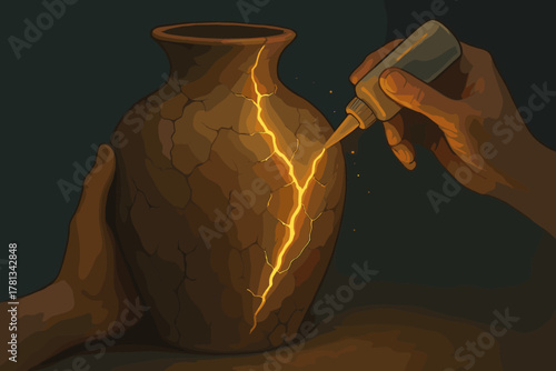 Two hands meticulously repairing a cracked pottery vase with golden glue, showcasing the intricate art of kintsugi.