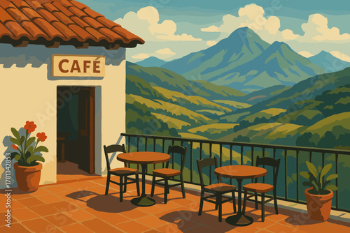 Picturesque outdoor cafe terrace with round tables and chairs overlooking scenic mountain landscape under a clear blue sky.