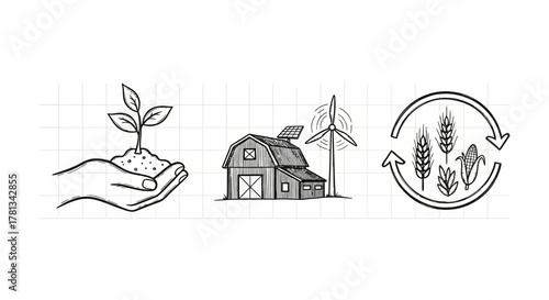 Organic farming innovation with solar energy: sustainable agriculture elements illustrations