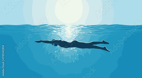 Silhouetted swimmer gliding gracefully through sunlit ocean water with sunlight reflecting off the surface, casting a serene and tranquil ambiance.