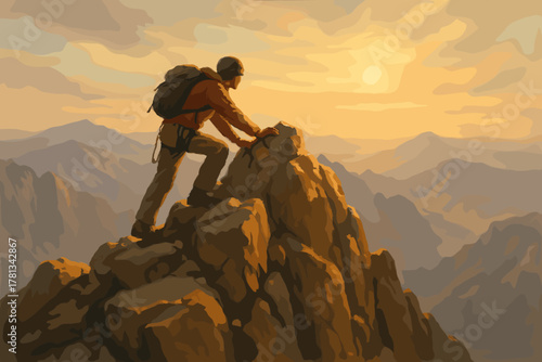 A male hiker wearing a backpack climbs a rocky mountain peak at sunset, with the expansive mountain landscape stretching into the distance.