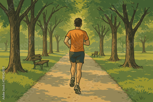 Male runner in an orange shirt jogs along a tree-lined path in a tranquil park setting, surrounded by benches and lush greenery.