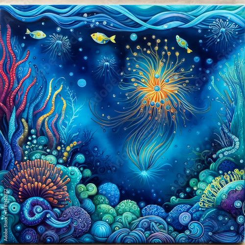 an abstract underwater scene where bioluminescent microbes light up corallike colonies.
