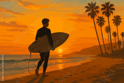 Silhouette of a male surfer holding a surfboard, walking along the beach at sunset with palm trees lining the shoreline.