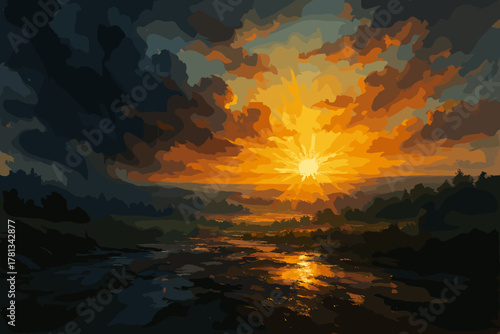Vibrant digital painting of a fiery sunset reflecting over a serene river, with dark and colorful clouds enhancing the dramatic sky.