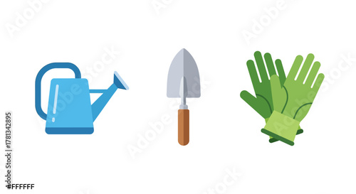 Gardening essentials: watering can, trowel, and gloves in modern flat design