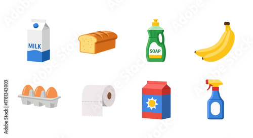 Colorful grocery icons set featuring milk, bread, soap, bananas, eggs, and cleaning products