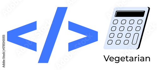 Brackets, calculator, and vegetarian text combining programming and dietary themes. Ideal for coding, web development, technology, programming humor, vegetarianism, education simple flat metaphor