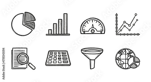 Hand-drawn data visualization icons set: charts, graphs, and more