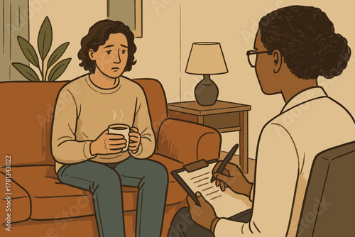 A young caucasian male with a cup of coffee talks to a female african therapist taking notes on a clipboard during a counseling session in a cozy office setting.