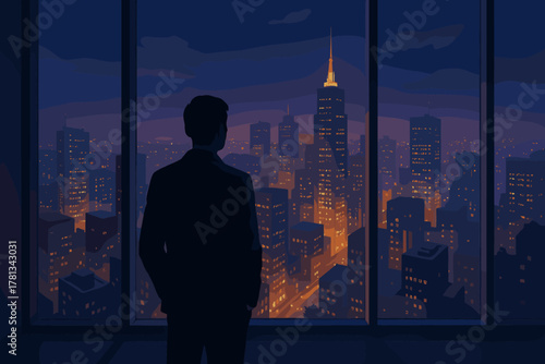Silhouette of a man in a suit gazing out at a vibrant city skyline at night, illuminated by glowing lights from skyscrapers and streets.