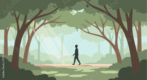 Silhouette of a male walking along a sunlit forest trail surrounded by lush green trees and light filtering through the canopy.