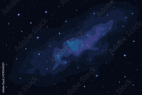 Abstract cosmic scene depicting a vibrant, colorful nebula with scattered stars in a dark night sky, showcasing a variety of blue and purple hues.