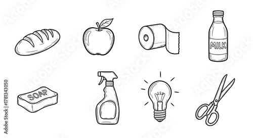 Essential daily items in linear style: bread, apple, soap, and more