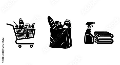 Silhouette icons of shopping cart, grocery bag, and cleaning supplies