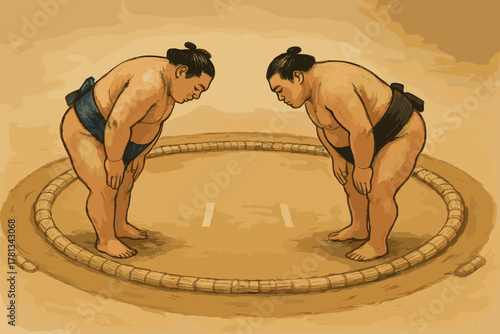 Two male sumo wrestlers, one in a blue mawashi and the other in black, respectfully bow to each other inside a traditional sand dohyo arena.