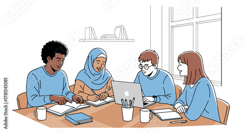 Diverse group of young adults studying together at a table, with books and a laptop, showcasing a collaborative learning environment.